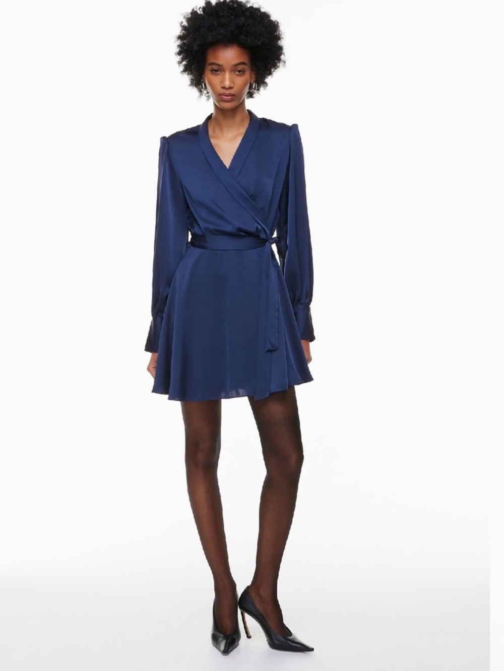 Aritzia Babaton Hyde Satin Wrap Mini Dress Long Sleeve Blue Size L Holiday